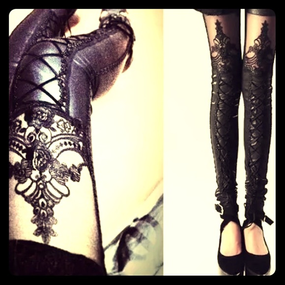 Pants - NEW‼️Faux Leather Embroidered Leggings Lace Hollow
